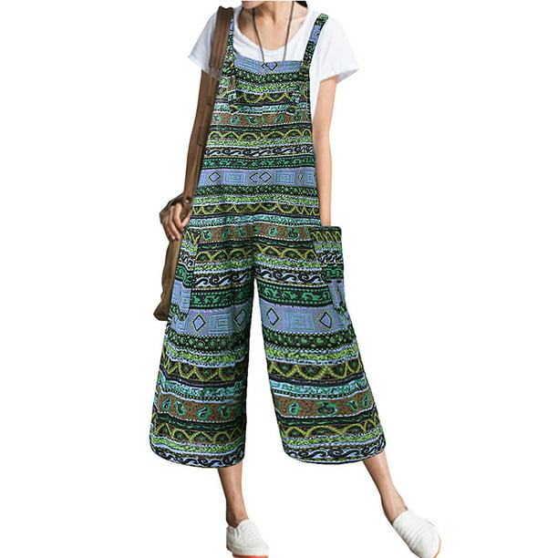 Fashion Womens Ethnic Style Printed Wide Leg Loose Jumpsuit Cross-Shoulder Overalls Cami Pants Buttons Rompers